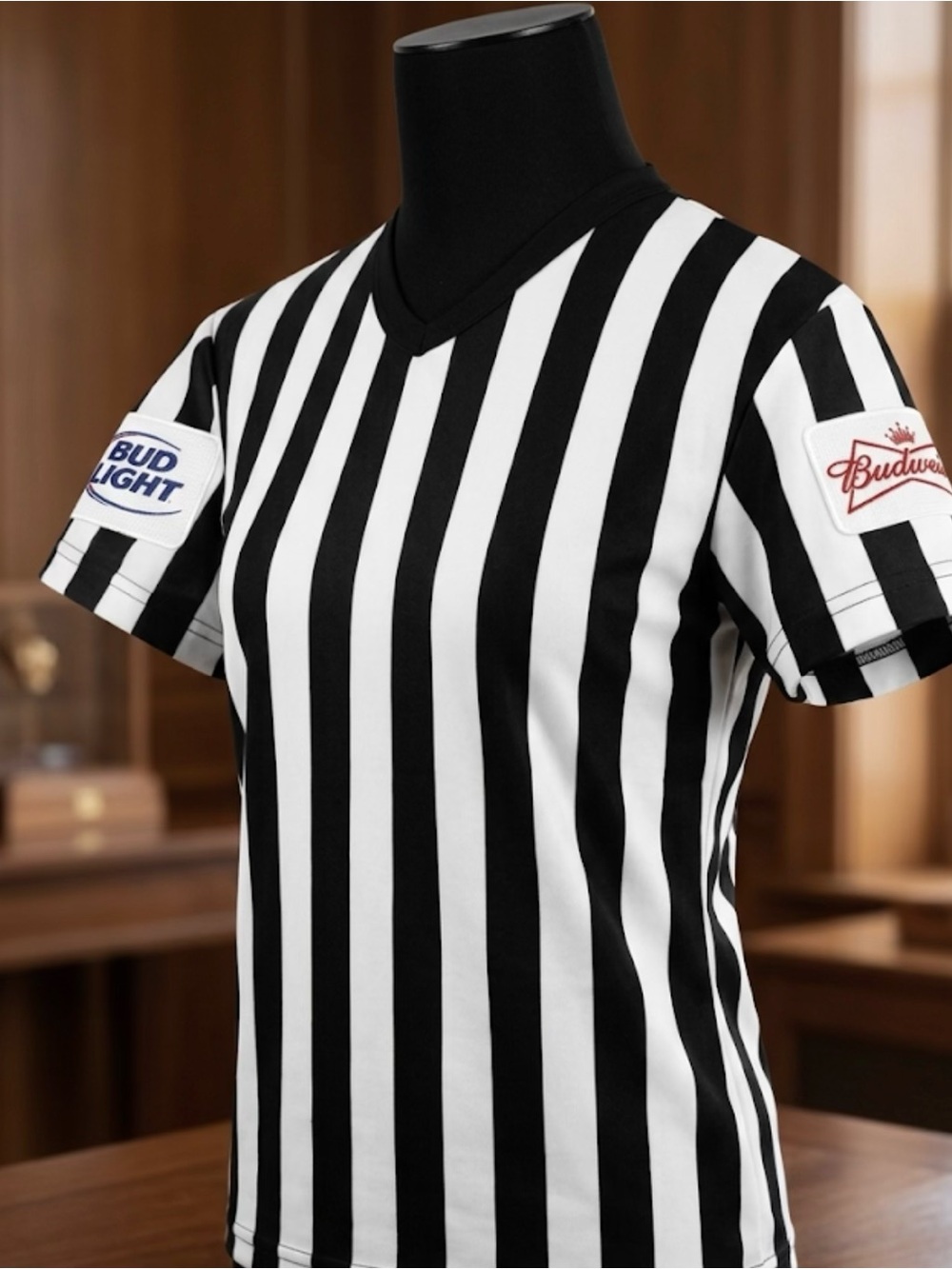 Rare Referee-Style Y2K Striped retro T-shirt Beer Logo Patches Black & White